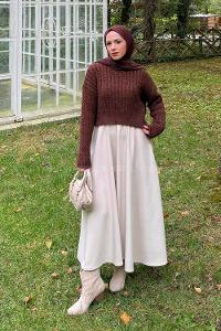 Lamelif Crop Triko Kazak Acı Kahve