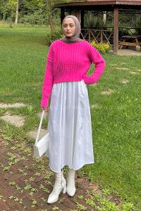 Lamelif Crop Triko Kazak Fuşya