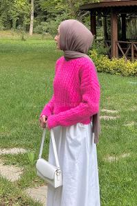 Lamelif Crop Triko Kazak Fuşya