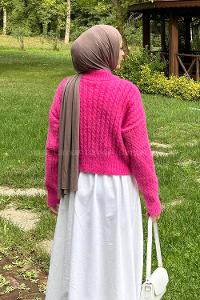 Lamelif Crop Triko Kazak Fuşya