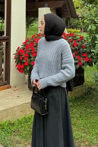 Lamelif Crop Triko Kazak Gri