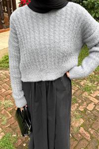 Lamelif Crop Triko Kazak Gri