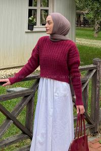 Lamelif Crop Triko Kazak Pudra Bordo