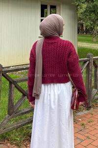 Lamelif Crop Triko Kazak Pudra Bordo