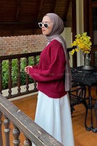 Lamelif Crop V Yaka Hırka Bordo