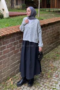 Lamelif Crop V Yaka Hırka Gri