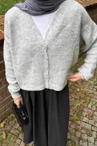 Lamelif Crop V Yaka Hırka Gri