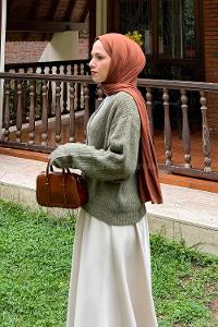 Lamelif Crop V Yaka Hırka Haki