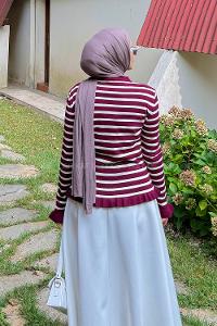 Lamelif Fırfırlı Çizgili Hırka Bordo