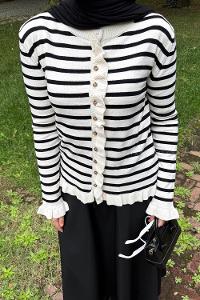 Lamelif Fırfırlı Çizgili Hırka Naturel