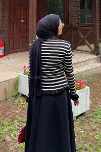 Lamelif Fırfırlı Çizgili Hırka Siyah