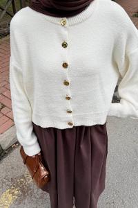 Lamelif Gold Düğme Detaylı Hırka Beyaz