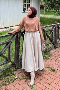 Lamelif Kayık Yaka Triko Kazak Camel