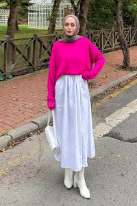 Lamelif Kayık Yaka Triko Kazak Fuşya