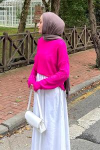 Lamelif Kayık Yaka Triko Kazak Fuşya