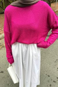 Lamelif Kayık Yaka Triko Kazak Fuşya