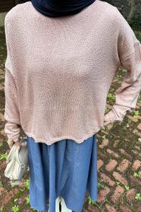 Lamelif Kayık Yaka Triko Kazak Gül Kurusu