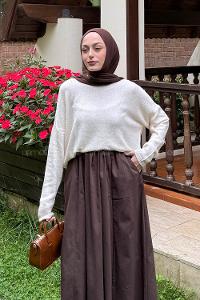 Lamelif Kayık Yaka Triko Kazak Natural