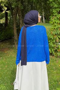 Lamelif Kayık Yaka Triko Kazak Saks Mavisi