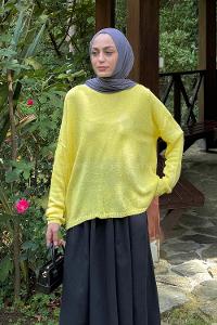 Lamelif Kayık Yaka Triko Kazak Sarı