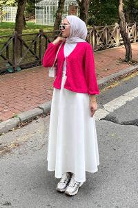 Lamelif Püsküllü Hırka Fuşya