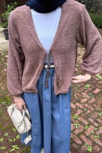 Lamelif Püsküllü Hırka Kahverengi