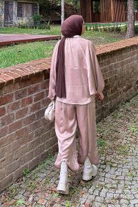 Beige Shirt Collar Bat Sleeve Arm Cotton Satin Fabric Regular Trousers Comfortable Suit