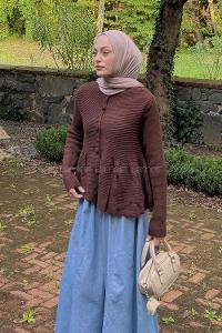 Lamelif Triko Peplum Hırka Acı Kahve