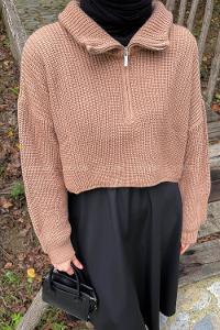 Camel Zippered Neck Long Arm Jumper
