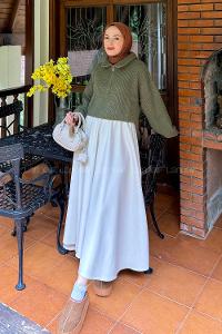 Lamelif Yaka Fermuarlı Crop Triko Kazak Haki