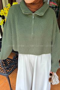 Lamelif Yaka Fermuarlı Crop Triko Kazak Haki