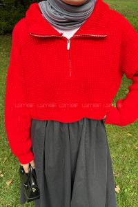 Lamelif Yaka Fermuarlı Crop Triko Kazak Nar Çiçeği