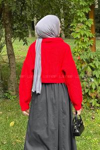 Lamelif Yaka Fermuarlı Crop Triko Kazak Nar Çiçeği