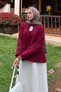 Lamelif Yakası Bağcıklı Triko Kazak Bordo