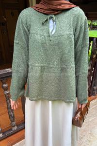 Lamelif Yakası Bağcıklı Triko Kazak Haki