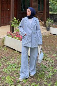 Lamelif Yan Bağlama Detaylı Pantolonlu Takım Bebe Mavisi