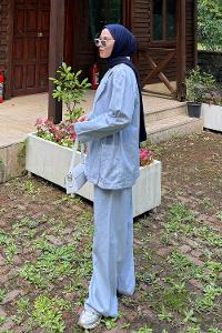 Lamelif Yan Bağlama Detaylı Pantolonlu Takım Bebe Mavisi