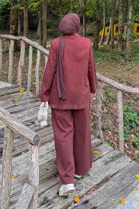 Lamelif Yan Bağlama Detaylı Pantolonlu Takım Kahverengi