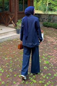 Lamelif Yan Bağlama Detaylı Pantolonlu Takım Lacivert