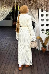 Lamelif Ajurlu Tesettür Elbise Ekru