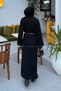 Lamelif Ajurlu Tesettür Elbise Siyah