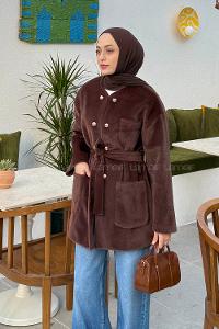 Lamelif Bisiklet Yaka Kaşe Mont Acı Kahve