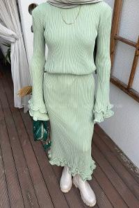 Lamelif Fitilli Tesettür Elbise Çağla Yeşili