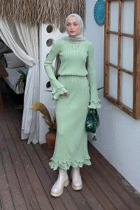 Lamelif Fitilli Tesettür Elbise Çağla Yeşili