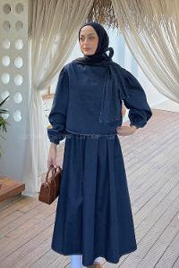 Lamelif Fiyonk Detaylı Denim Takım Koyu Mavi