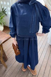 Lamelif Fiyonk Detaylı Denim Takım Koyu Mavi