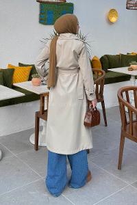 Lamelif Kuşaklı Omuz Apoletli Trençkot Taş Rengi