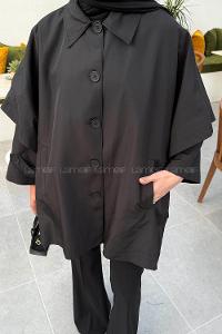 Black Shirt Collar Long Arm Elastan Polyester Jacket