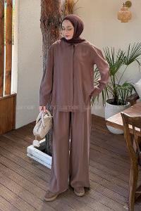 Lamelif Sırt Fermuar Detaylı Pantolonlu Takım Kahverengi