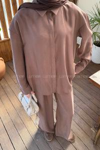 Lamelif Sırt Fermuar Detaylı Pantolonlu Takım Kahverengi